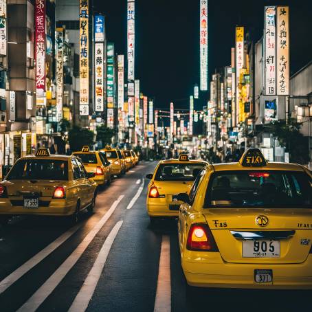 Nighttime Fukuoka 2015 Taxis Illuminating the City Lights and Urban Landscape