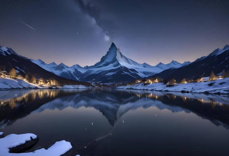 Nighttime Majesty Matterhorn Reflected in Snowy Sellisee with Starry Sky, Valais, Switzerland