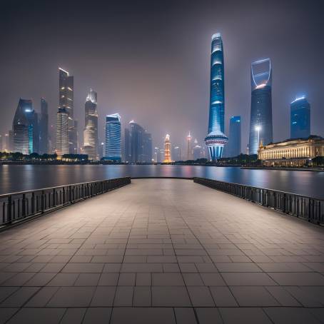 Nighttime Urban Elegance Shanghais Empty Square and Bridge Amid Modern Lights