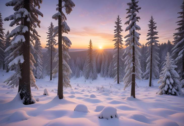 Norway Spruce Forest in Thuringia at Snowy Sunset