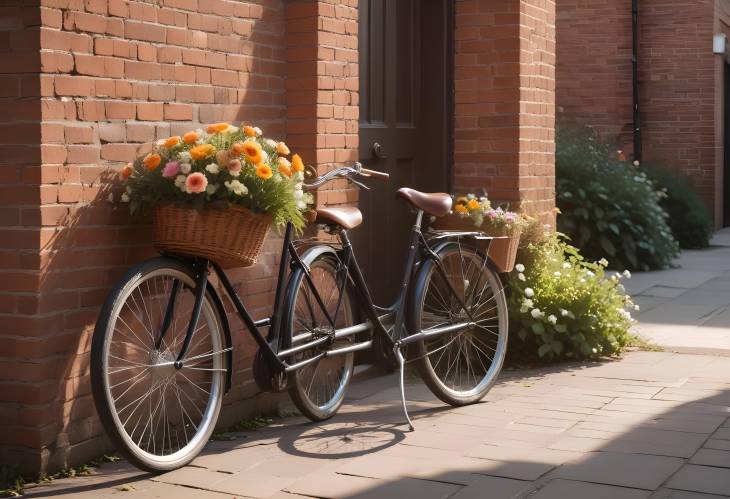 Nostalgic Bicycle with a Flower Basket Against a Brick Wall and a Bright Sunlit Alleyway