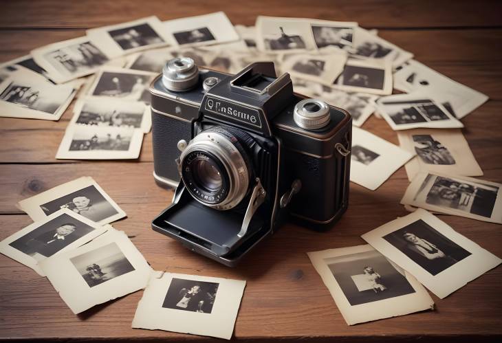 Nostalgic Vintage Camera on Wooden Table Surrounded by Classic Old Photos