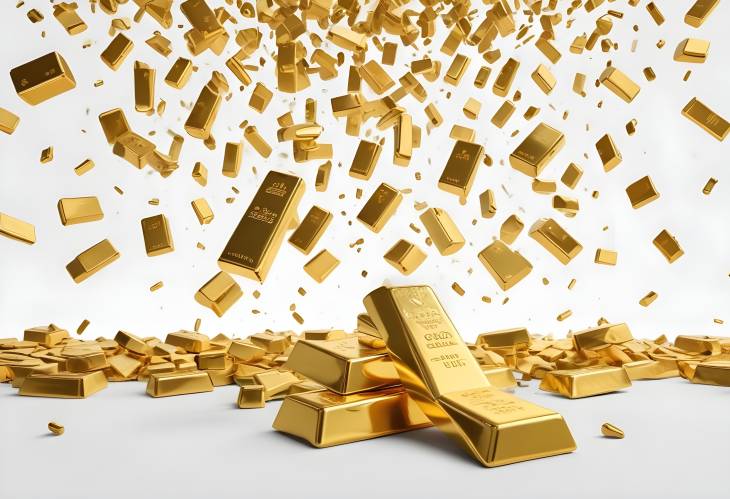 Numerous Gold Bars Plummeting on White Background, Ideal for Illustrating High Value Assets