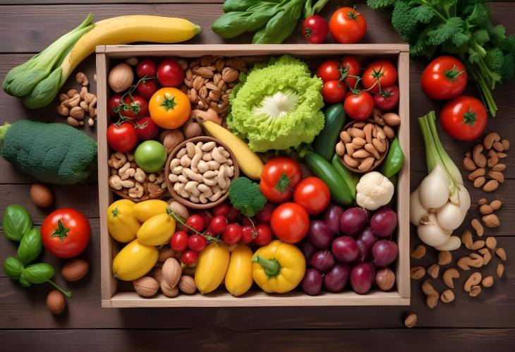 Nutritious and Fresh Healthy Vegetables, Nuts, and Fruits on Wood