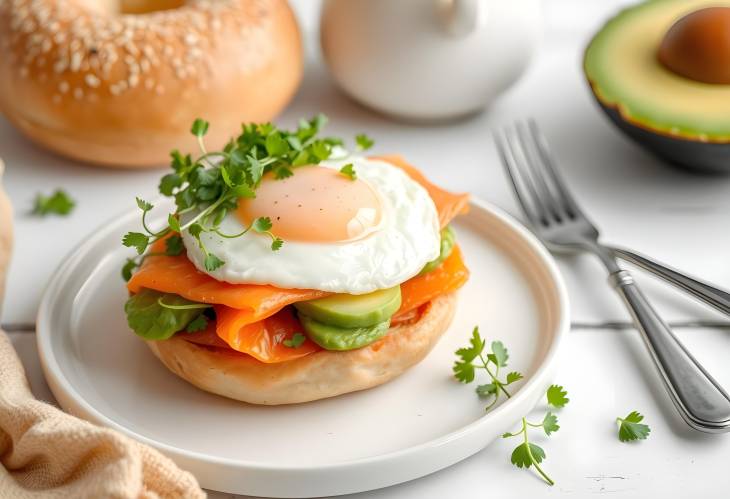 Nutritious breakfast bagel with salmon, avocado, microgreens, and egg, freshly baked and healthy