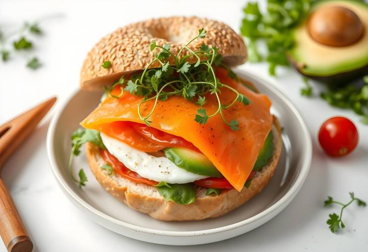 Nutritious freshly baked bagel with salmon, avocado, microgreens, and egg, perfect breakfast option