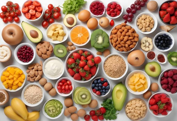 Nutritious Healthy Foods on White Table, Flat Lay Fresh Fruits, Vegetables, and Nuts