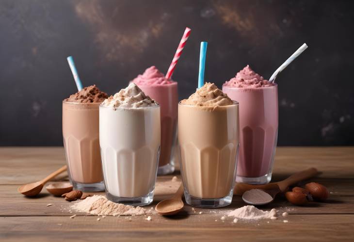 Nutritious Protein Shakes in Glasses with Powder on Wooden Table  Closeup of Healthy Drink