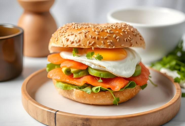 Nutritious salmon, avocado, microgreens, and egg filled healthy bagel, freshly baked for breakfast