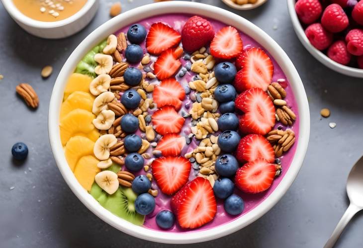 Nutritious Smoothie Bowl with Berries, Nuts, and Honey Drizzle