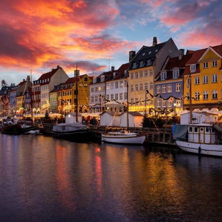 Nyhavn Copenhagen Iconic Colorful Homes and Street Light at Twilight