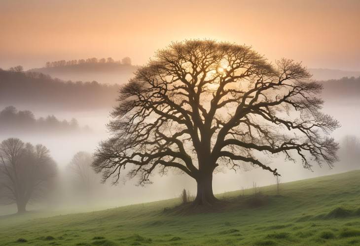 Oak Tree and Fog at Sunrise in Grohberg Nature Reserve, Bavaria, Germany