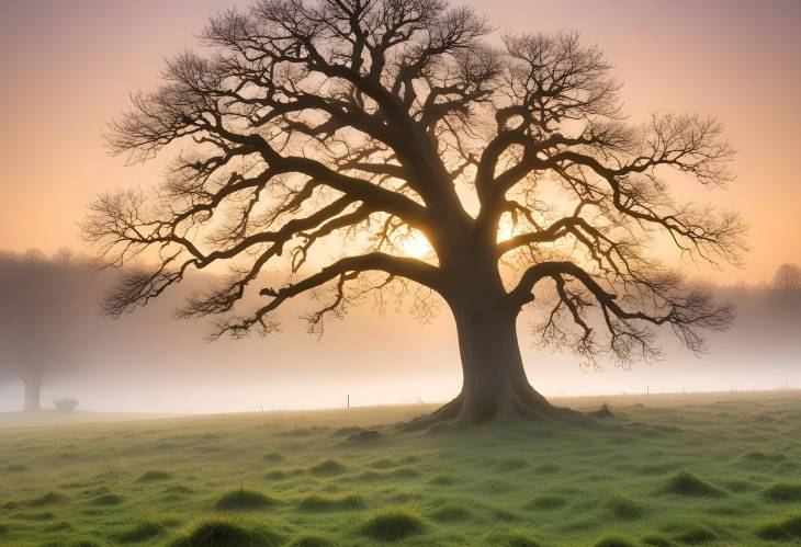 Oak Tree and Foggy Sunrise in Grohberg Nature Reserve, Spessart, Bavaria