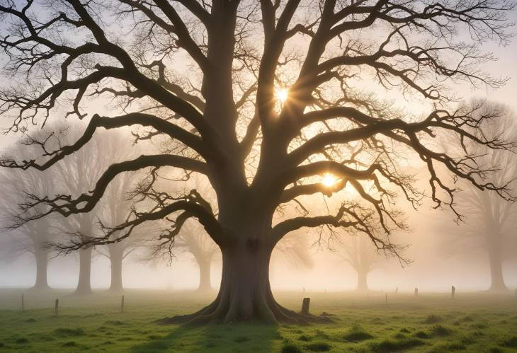 Oak Tree at Sunrise Foggy Morning in Grohberg Nature Reserve, Faulbach, Bavaria