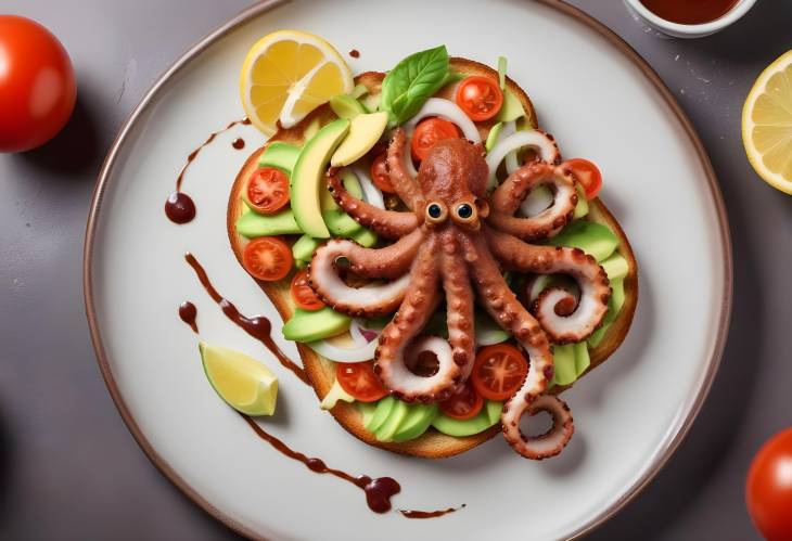 Octopus Toast with Avocado, Tomato, Onion, Lemon, and Flavorful Sauce