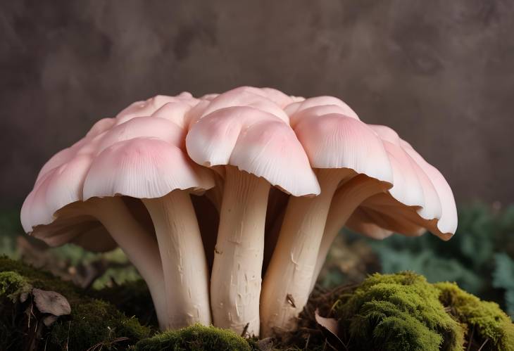 Offset Collection of Pink Oyster Mushrooms on Dark Wood