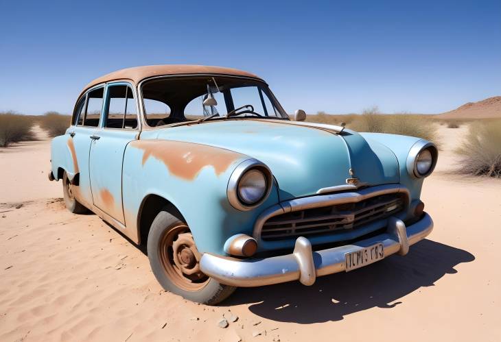 Old Derelict Car in Deserted Solitaire, Namibia with Blue Sky Above