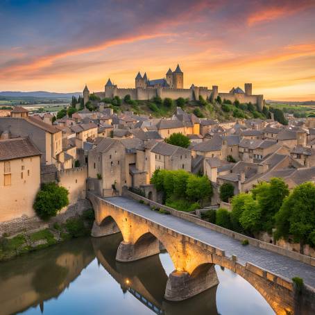 Old Town Carcassonne and Pont Vieux at Dusk, France