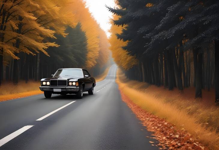 On the Autumn Path A Black Car Traveling a Leaf Lined Road