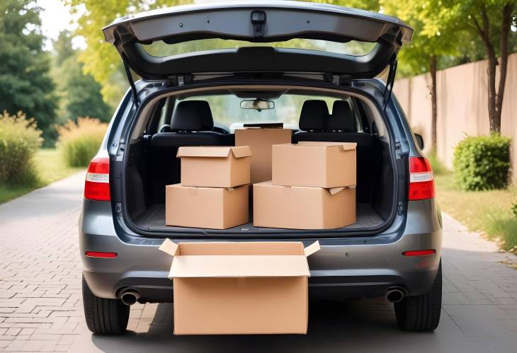 Open Car Trunk with Moving Boxes Ready for Relocation