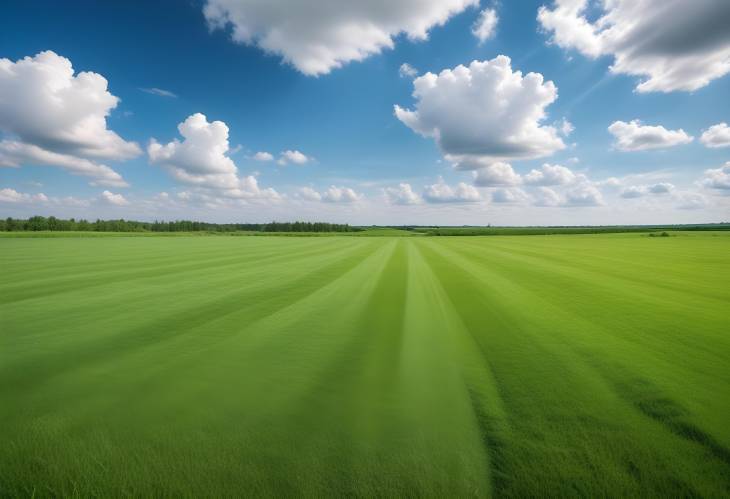 Open Green Meadow Under a Blue Sky with Cloudy Horizon