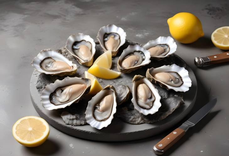 Open Oysters with Lemon and Knife Displayed on Concrete Background