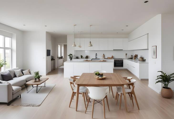 Open Plan Kitchen and Dining Area with White Walls in Contemporary Home and Stylish Living Room