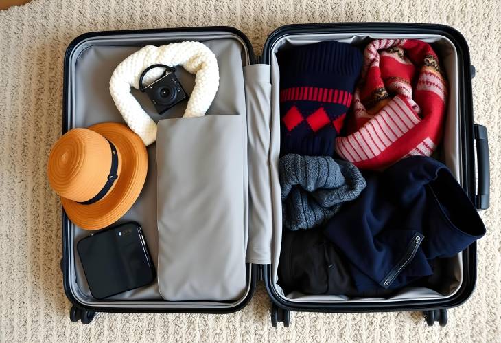 Open suitcase with cozy winter clothes and travel items on carpet, top view, packed for a winter es