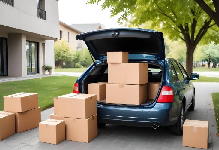 Open Trunk of a Car Filled with Moving Boxes Outdoors