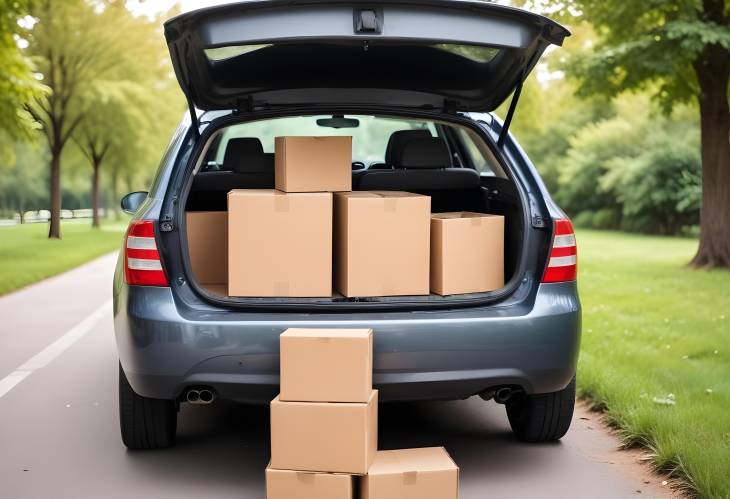 Open Trunk with Moving Boxes Set Against a Scenic Outdoor Backdrop