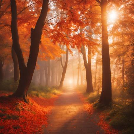 Orange and Red Leaves Cover an Autumn Forest Path A Foggy Morning Scene in Nature