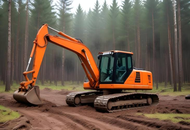 Orange Backhoe Excavator in Action Clearing Forest for New Development, Logging, and Road