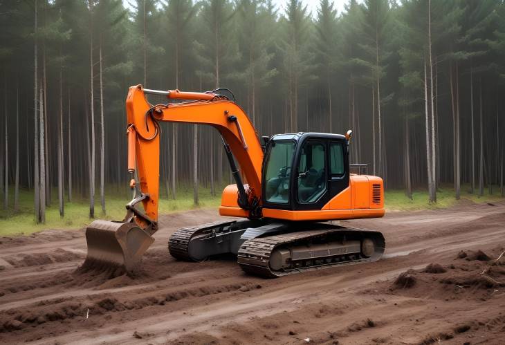 Orange Backhoe Excavator in Forest Clearing Heavy Machinery for New Development, Logging, and Road