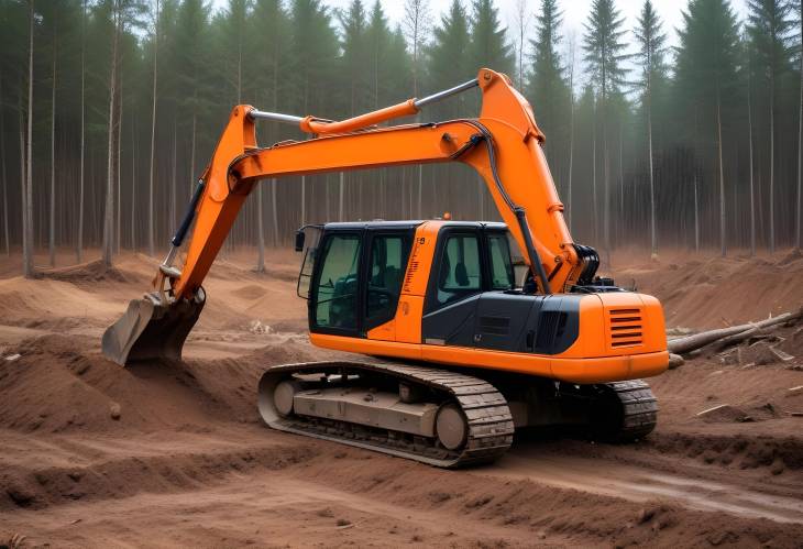 Orange Excavator Clearing Forest Heavy Power Machinery for New Development, Logging, and Road Cons