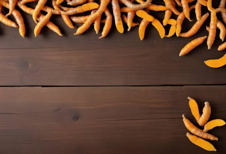 Organic Fresh Turmeric Roots on Wooden Table  Top View of Natural and Healthy Spice