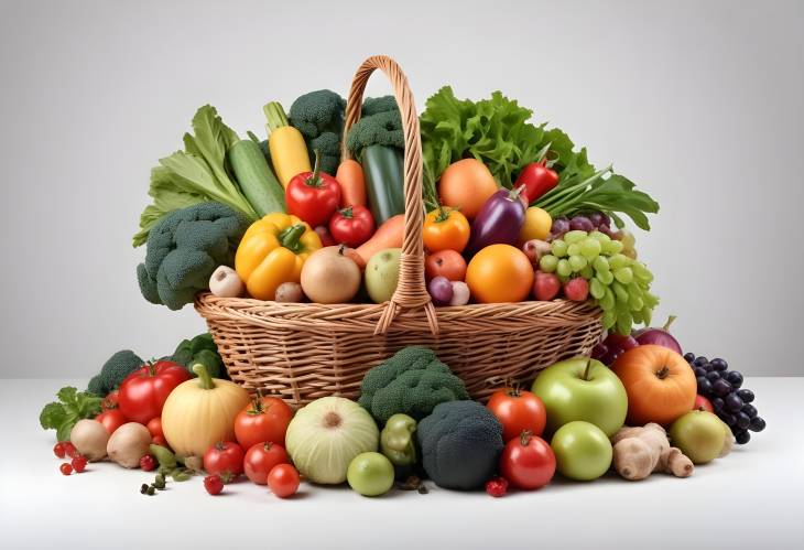 Organic Vegetables and Fruits Wicker Basket Isolated on White Background