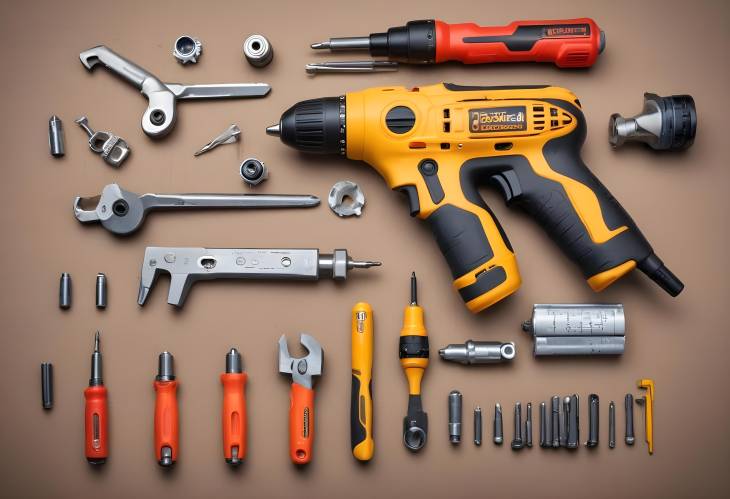 Organized Display of Cordless Drill, Monkey Spanner, and Essential Workshop Tools on a Bench