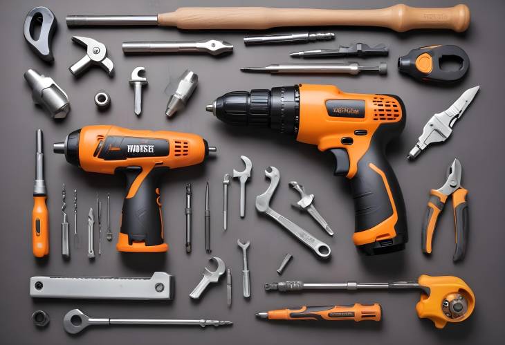 Organized Display of Cordless Drill, Monkey Spanner, and Various Hardware Tools on a Workshop Table