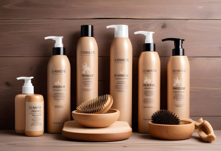 Organized Hair Care Products on a Wooden Table with a Neutral Background for a Simple and Elegant