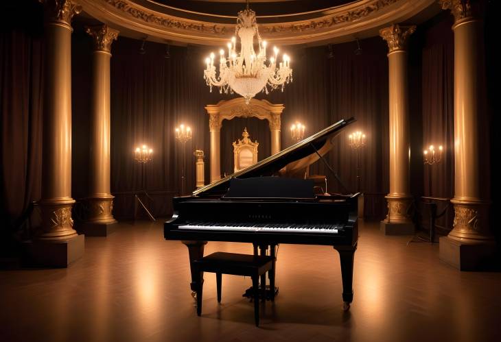 Ornate Stage with Decorative Columns, Backstage Area, and Illuminated Old Grand Piano