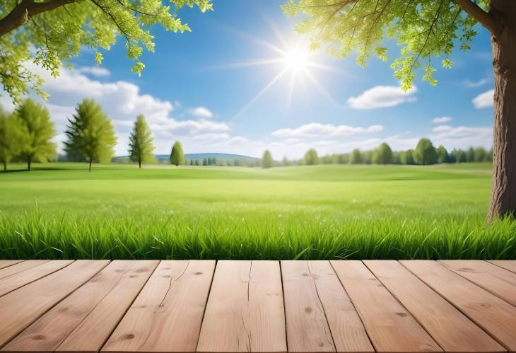 Outdoor Spring Summer Landscape Wooden Table and Green Grass with Blue Sky