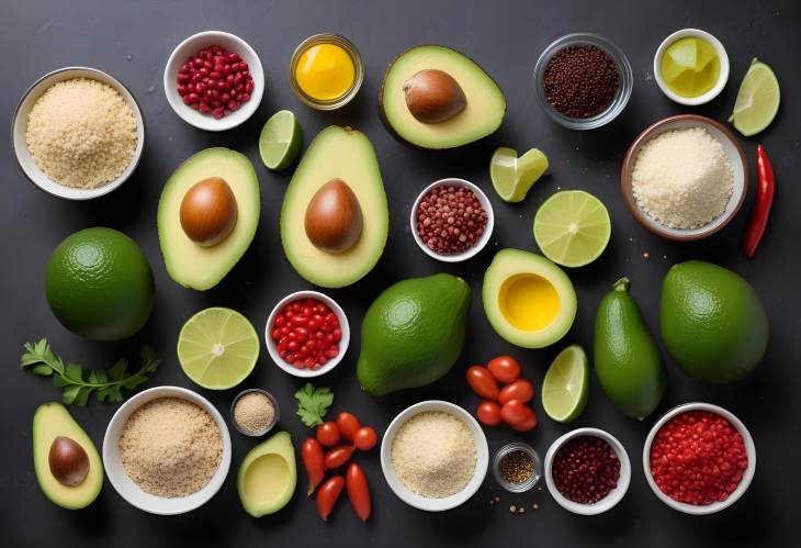 Overhead Still Life of Fresh Ingredients for Avocado Quinoa Salad