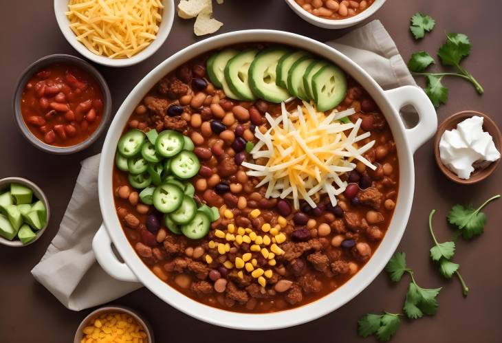 Overhead Still Life of Turkey Bean Chili with Cooking Ingredients