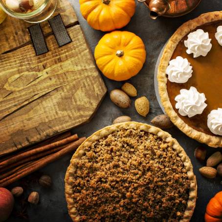 Overhead View of Autumn Pies Pumpkin, Pecan, Apple Crumble