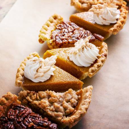 Overhead View of Fall Pie Favorites Pumpkin, Pecan, Apple Crumble