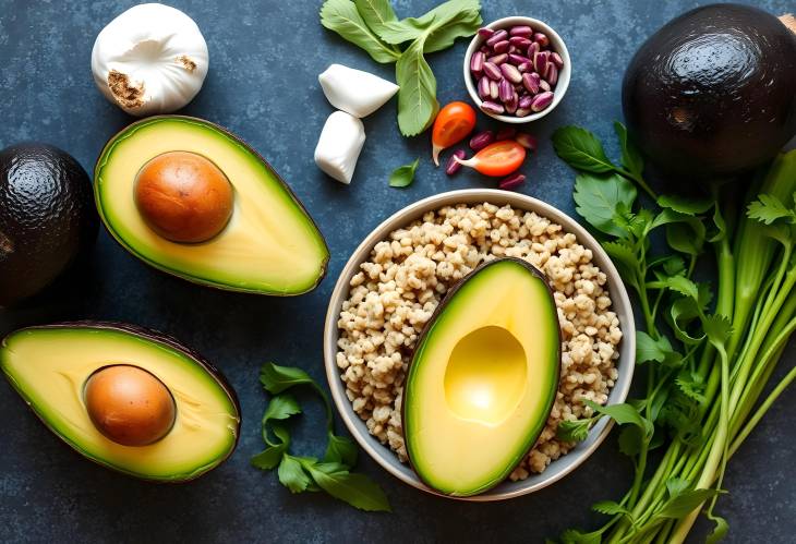 Overhead View of Fresh Ingredients for Avocado and Quinoa Salad  Avocado salad,