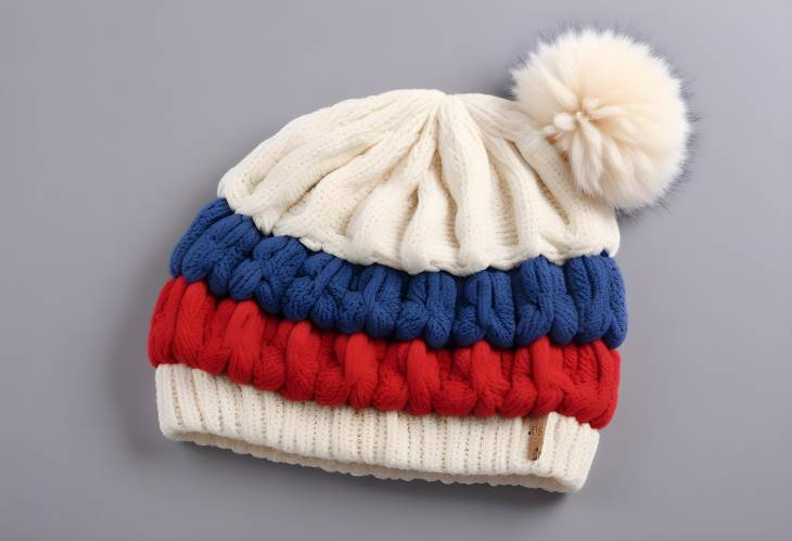 Oversize Womens Chunky Cable Knit Beanie with Acrylic Yarn Pompom and Colorblock for Winter on Whi