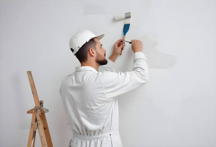 Painter in Overalls Applying White Paint to Wall During Home Renovation