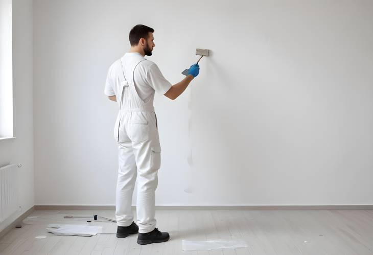 Painter in Overalls Applying White Paint to Wall for Home Update