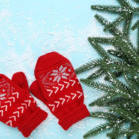 Pair of Red Knitted Mittens with Christmas Motif Isolated on White Background for Winter